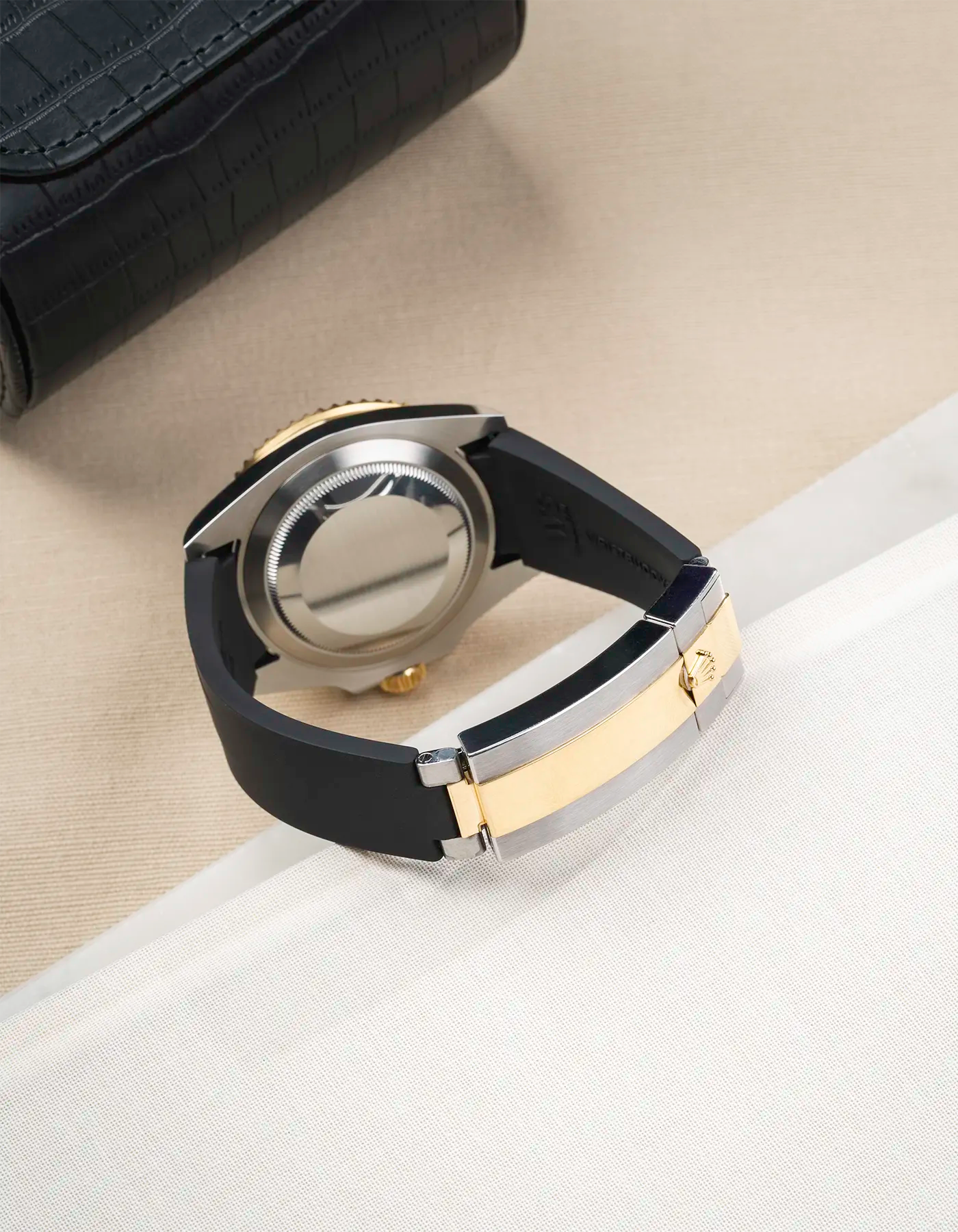 Shows original clasp integrated with FKM Rubber Strap Black for Rolex Submariner 41 126610LN