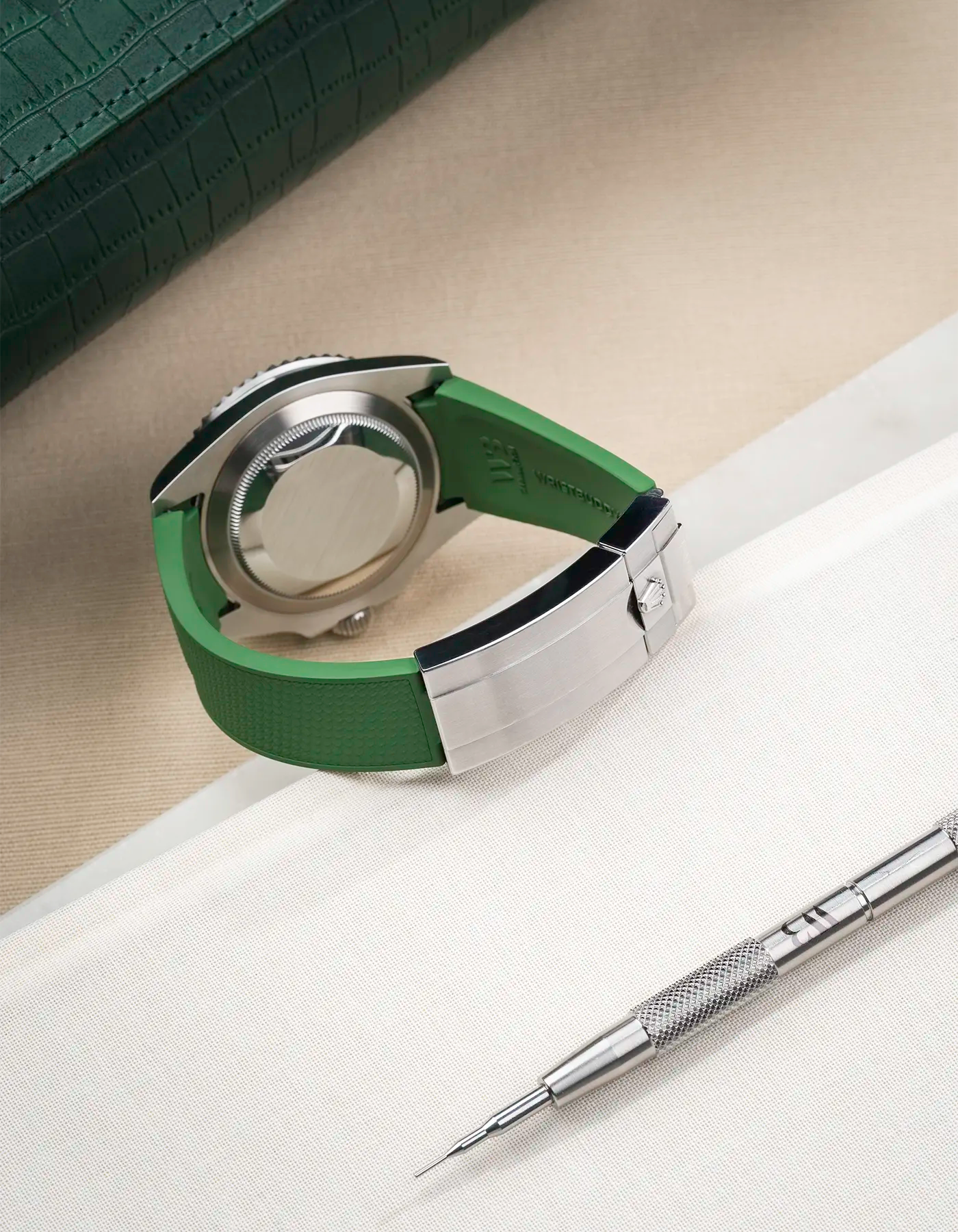 Shows original clasp integrated with Vertech FKM Rubber Strap Green for Rolex Submariner 41 126610LN