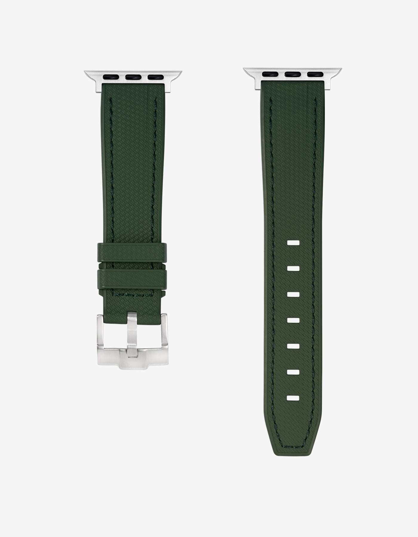 A military green rubber apple watch band in detail with silver buckle