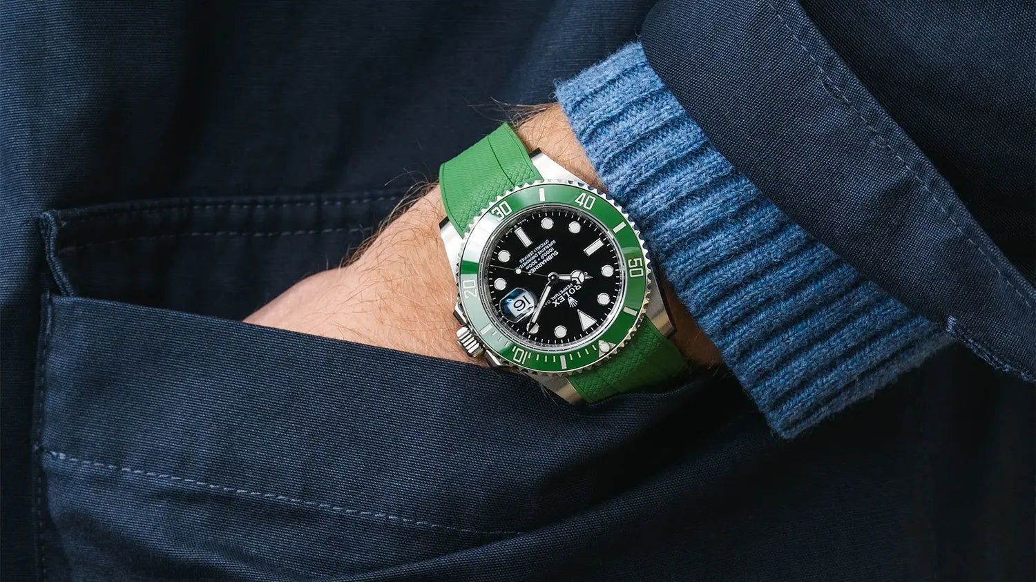 Rolex watch on a green rubber strap from Wristbuddys, luxury rubber strap worn on the wrist