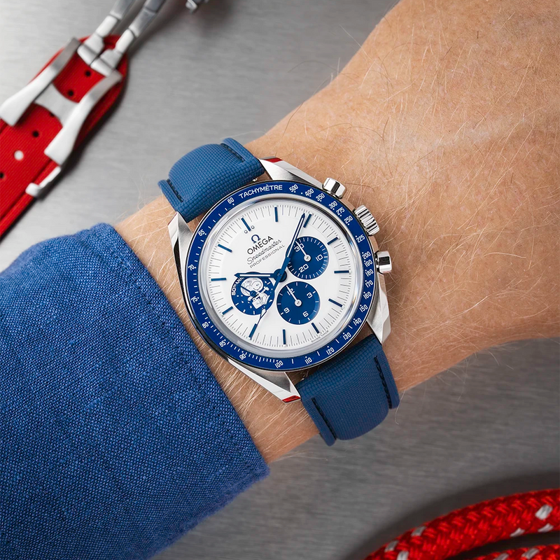 Navy Blue Sailcloth FKM Watch Strap with Deployant Clasp 18 to 22mm