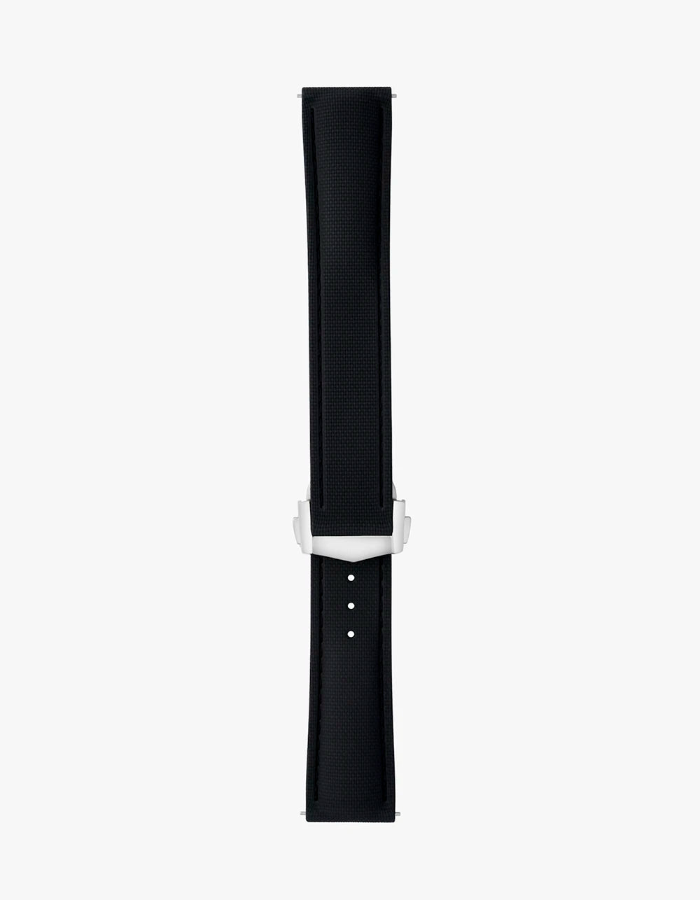 Black watch strap with silver buckle on a white background