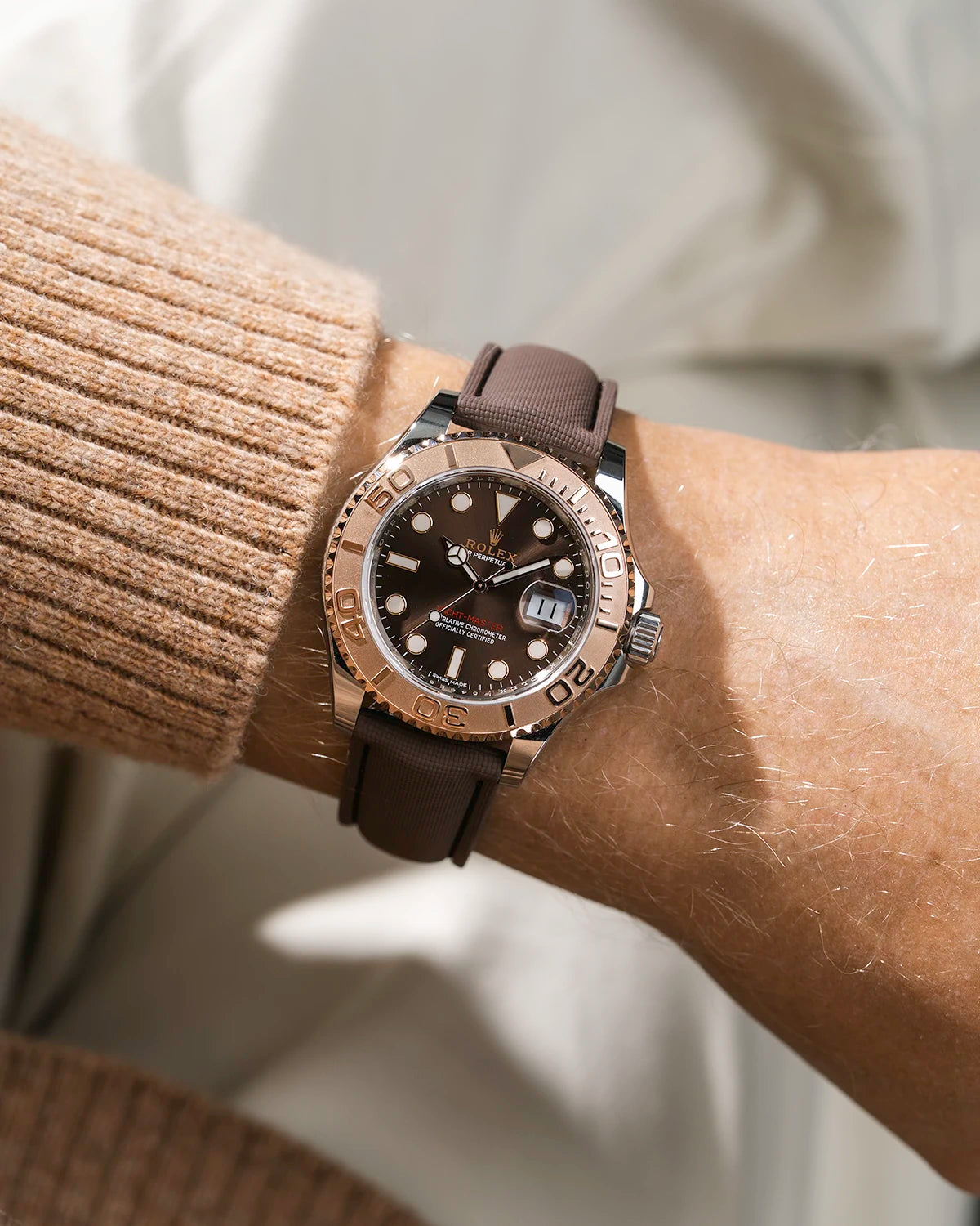 Brown Sailcloth FKM Rubber Strap With Deployant Clasp wrist shot on Rolex Yacht-Master watch