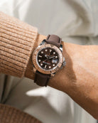 Brown Sailcloth FKM Rubber Strap With Deployant Clasp wrist shot on Rolex Yacht-Master watch
