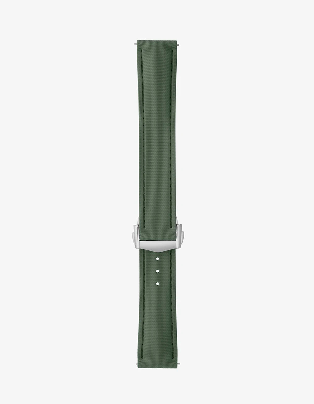 Green watch strap with silver buckle on a white background