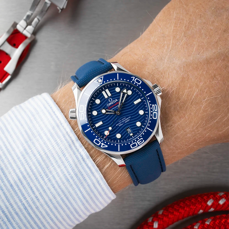 【新品未使用】familiar × Bibiy. HAND STRAP BLUE Navy Blue Sailcloth FKM Watch Strap with Deployant Clasp 18 to 22mm