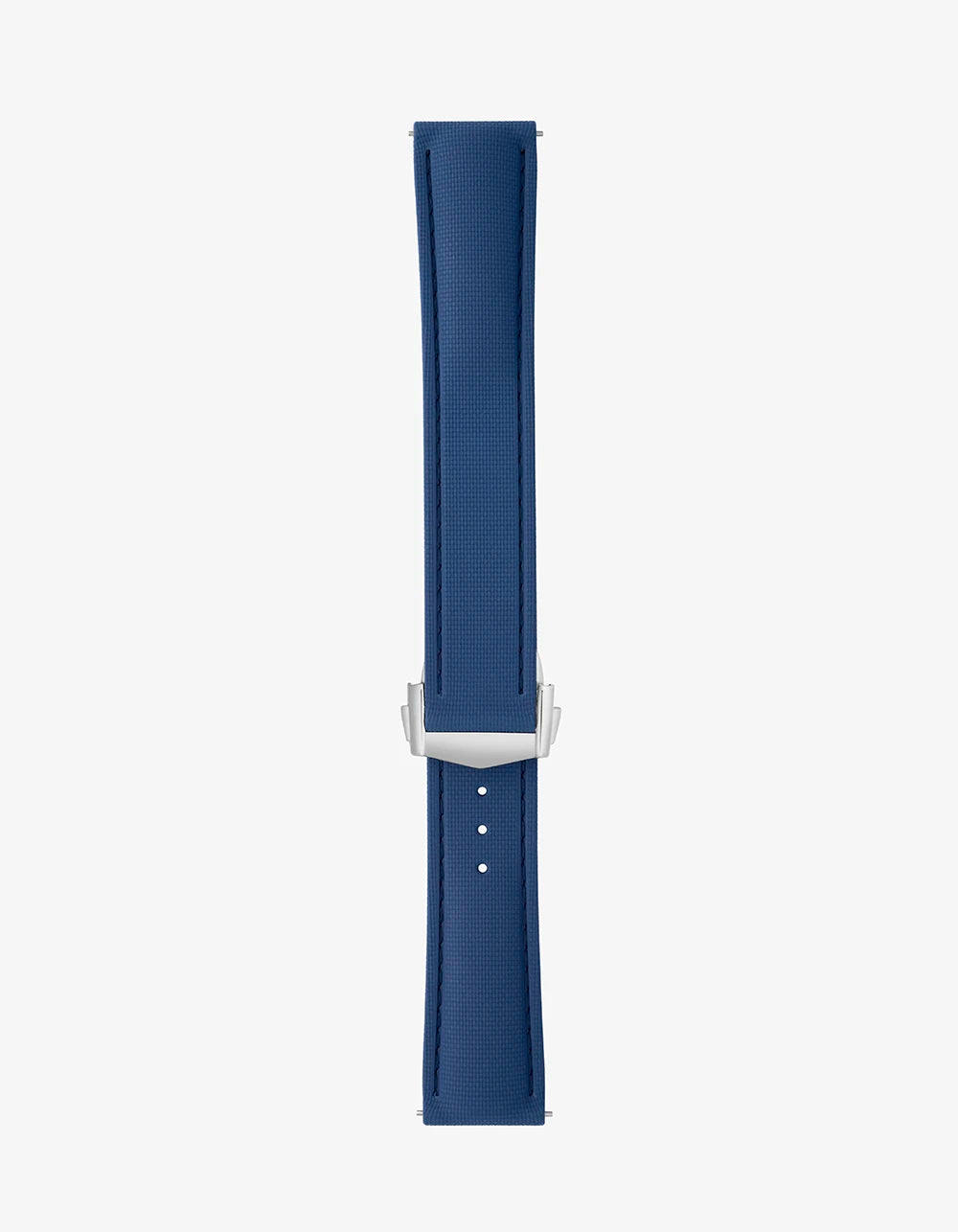 Blue watch strap with silver buckle on a white background