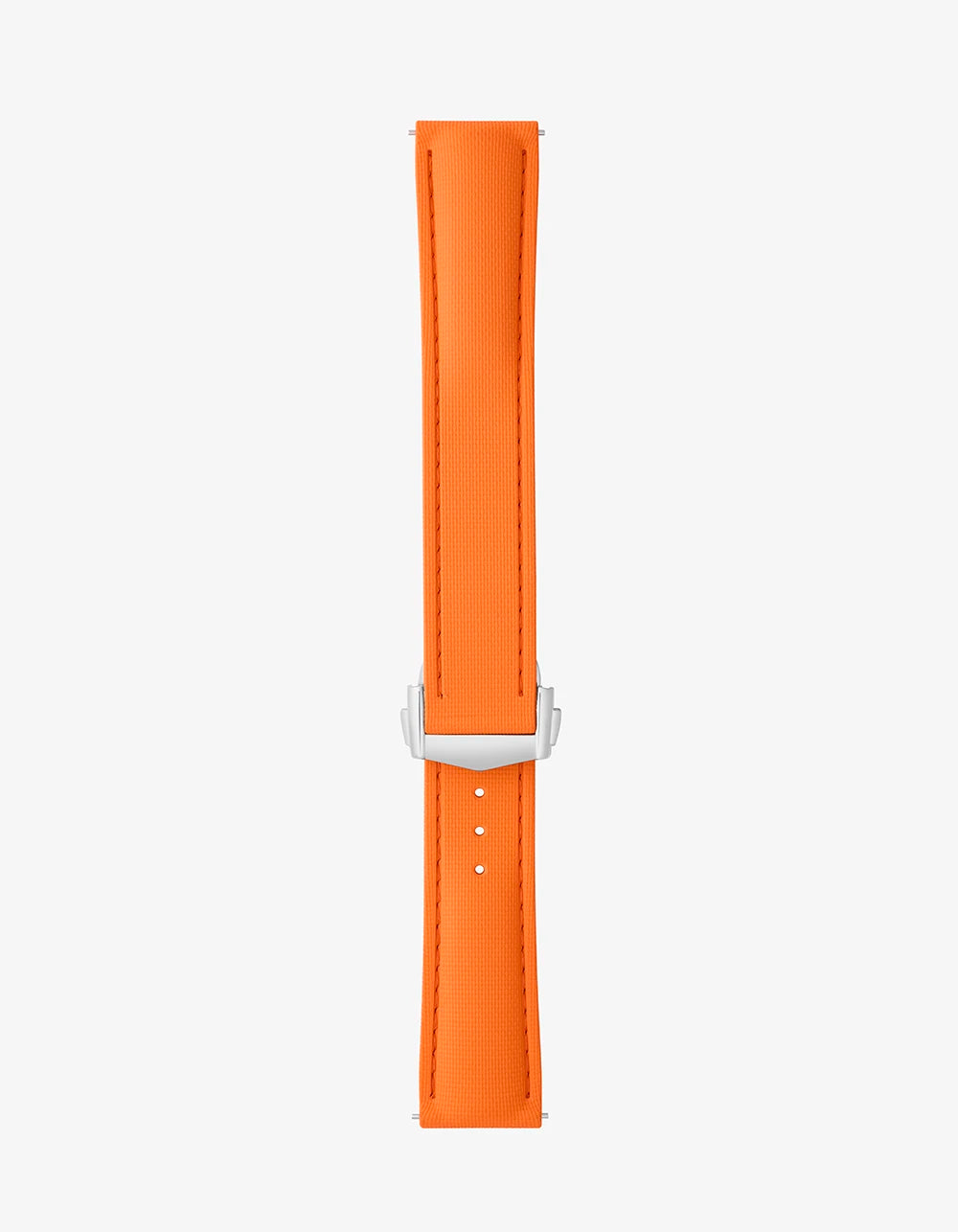 Orange watch strap with silver buckle on a white background