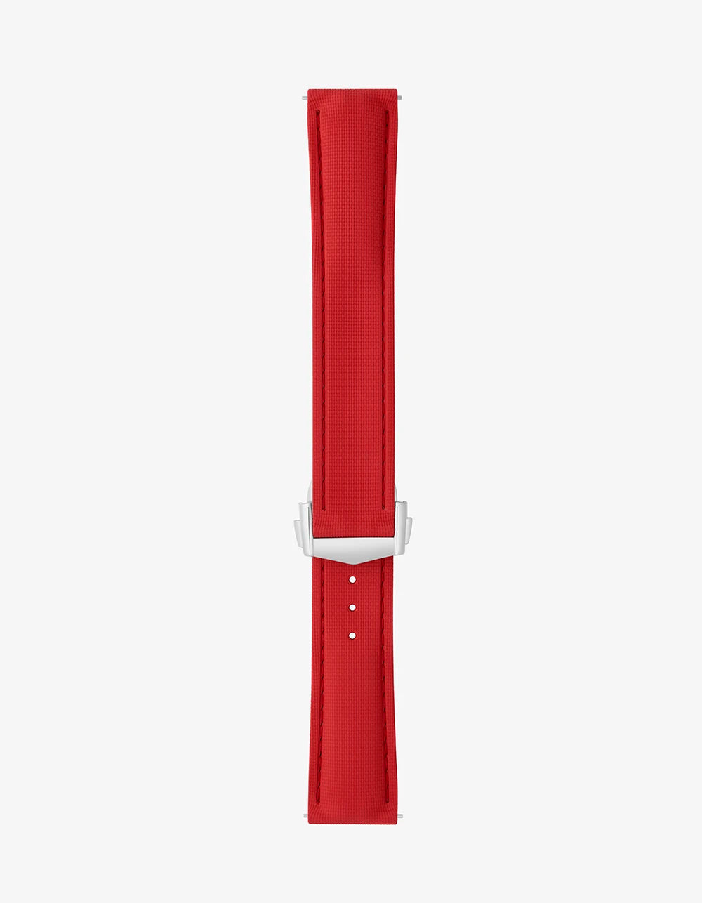 Red watch strap with a silver buckle on a white background