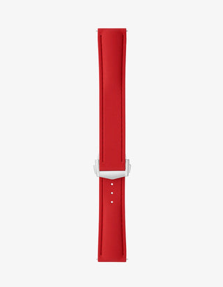 Red watch strap with a silver buckle on a white background