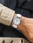 White Sailcloth FKM Rubber Strap With Deployant Clasp wrist shot on Rolex datejust watch with white dial