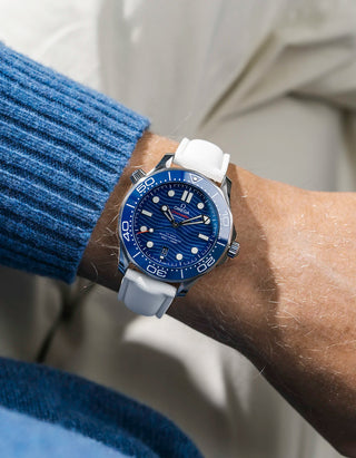 Sailcloth FKM Rubber Strap in White With Deployant Clasp wrist shot on Omega Seamaster watch