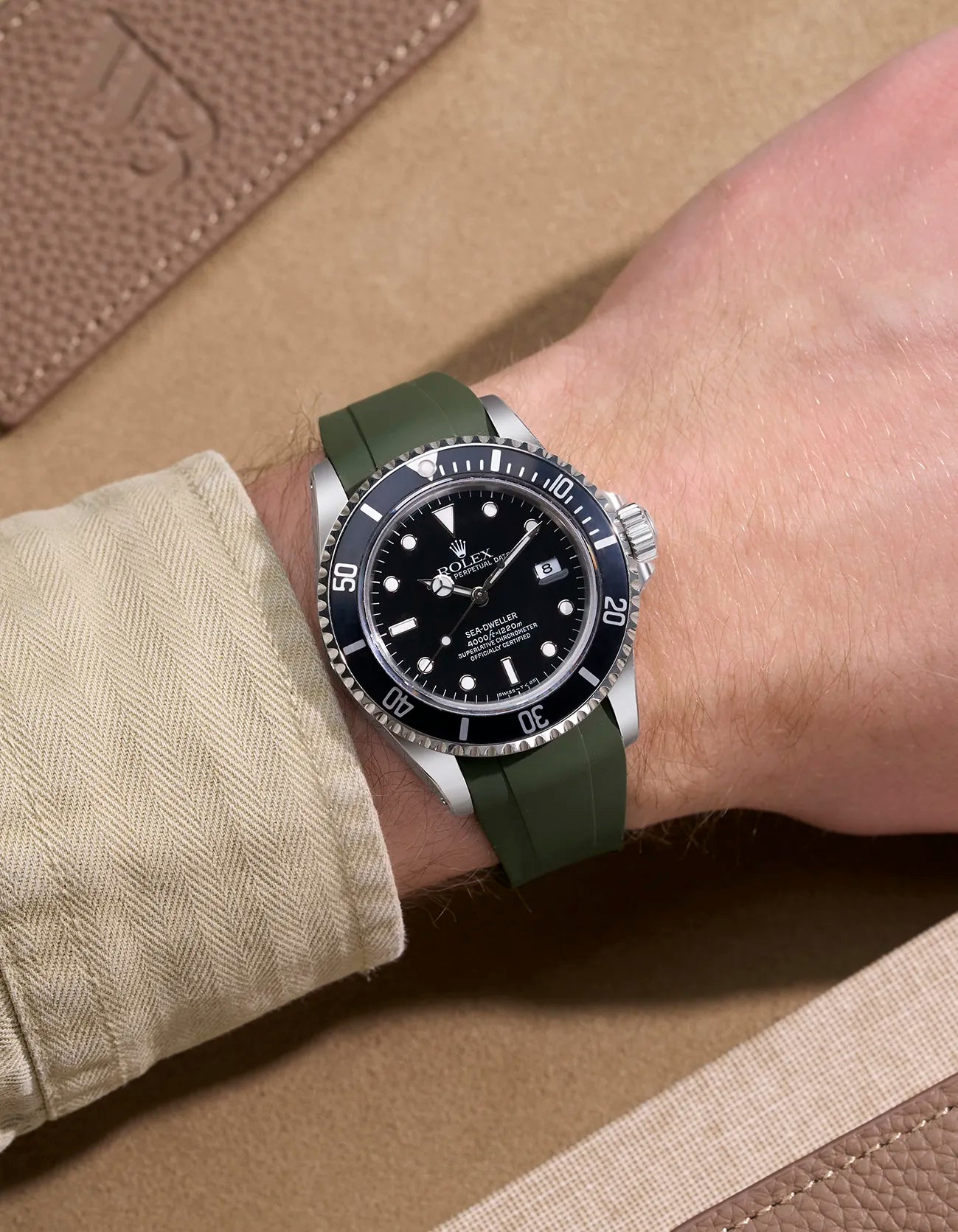 Rolex Sea-Dweller 16600 with Green FKM Rubber Strap and Original Clasp – On Wrist View