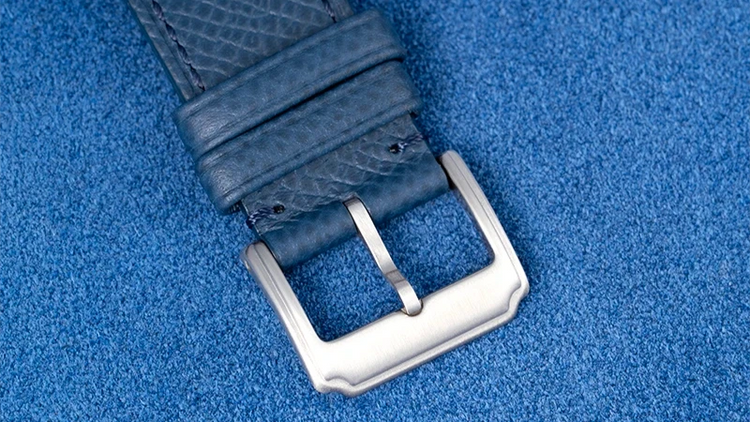 Blue Epsom leather strap with a 316L stainless steel buckle from Wristbuddys, showcasing its brushed finish and refined craftsmanship.