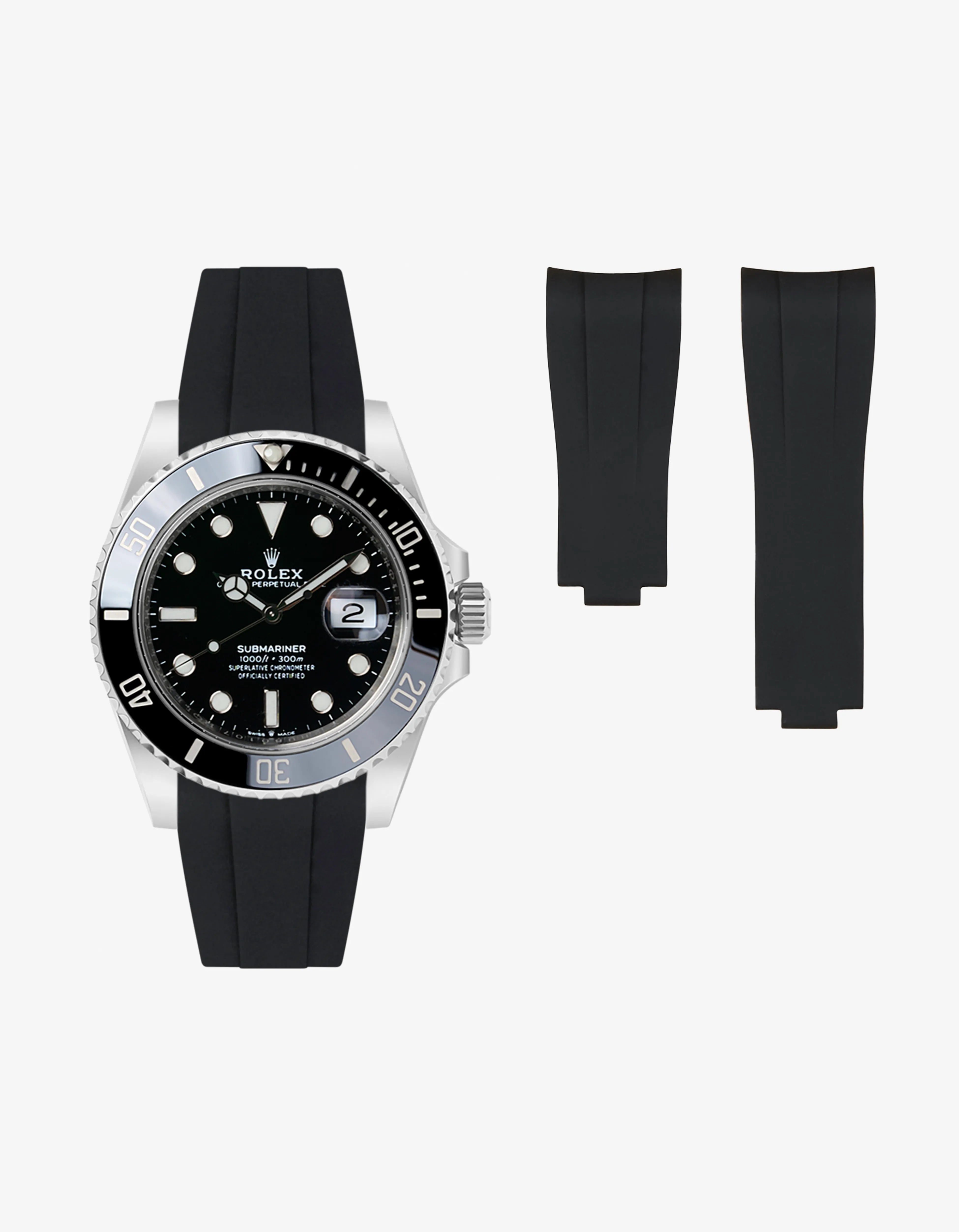 Front-facing product image of Rolex Submariner 41 with Classic Smooth FKM Rubber Strap black that sits on the watch, integrated with original clasp - 126610LN 124060LN