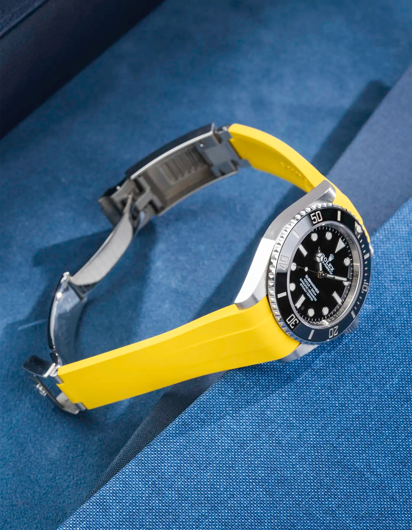 Rolex Submariner 41 ref. 126610LN/124060LN with Yellow Classic Smooth FKM Rubber Strap integrated with original clasp – side angle product photo, clasp open