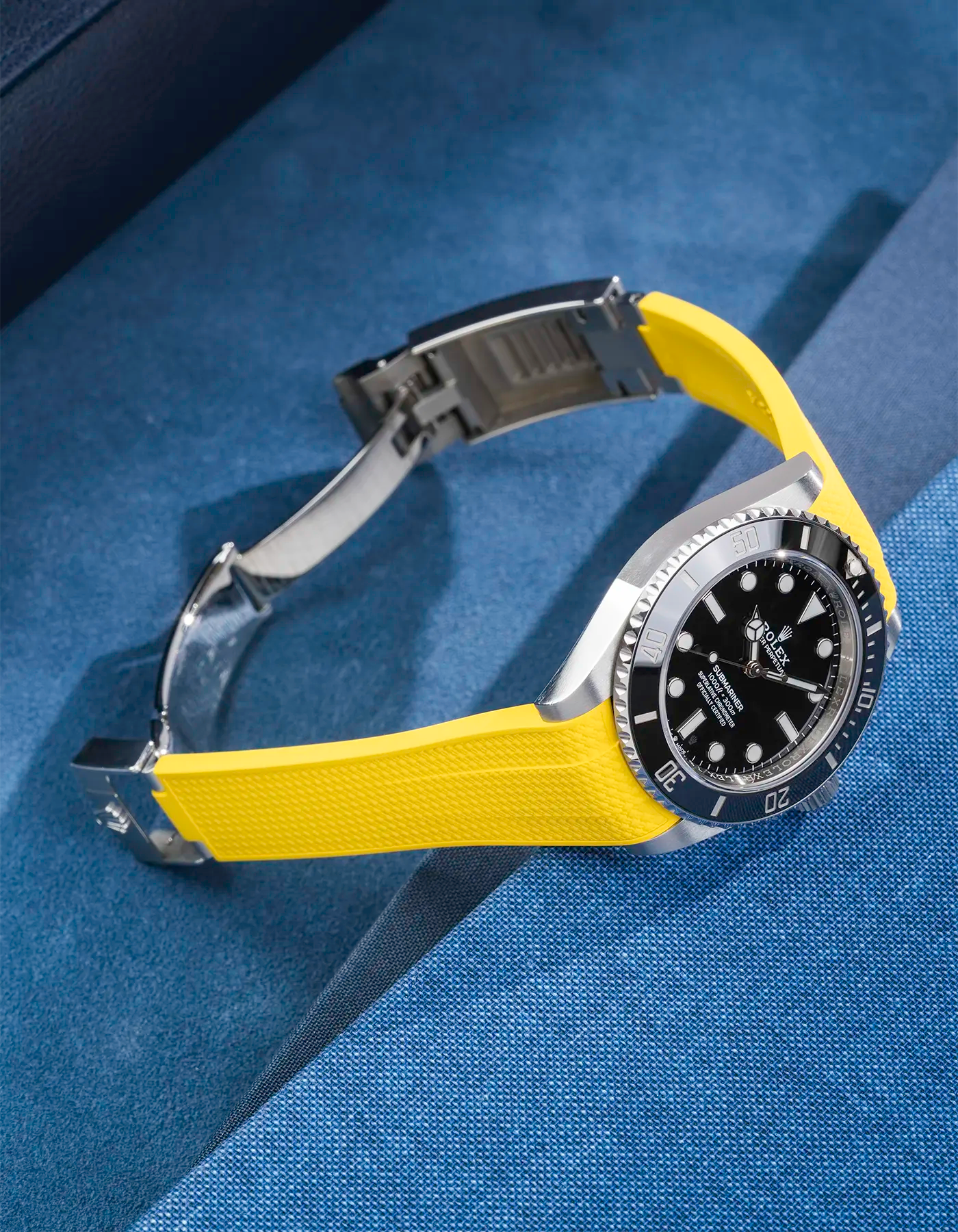 Yellow Vertech FKM Rubber Strap integrated with original clasp on Rolex Submariner 41 126610LN/124060LN – product photo with strap attached to watch, clasp open