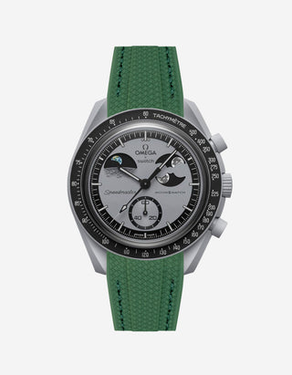 A green rubber watch strap with a stainless steel buckle, designed to fit the Omega X Swatch MoonSwatch Mission to the EarthPhase.