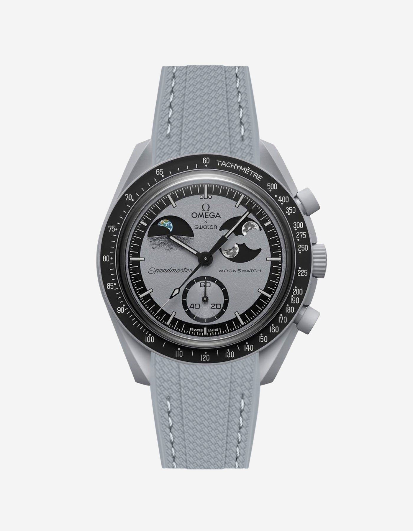Dark grey vertech rubber watch strap on Omega X Swatch Earthphase