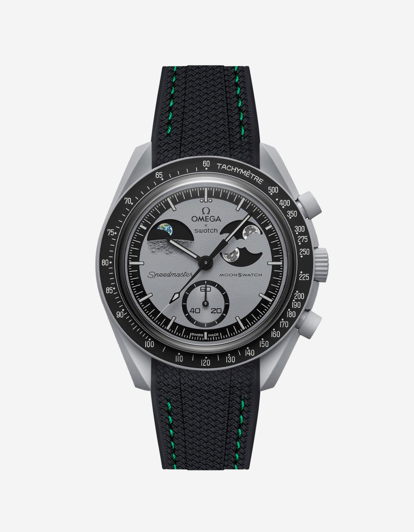 Black vertech rubber strap with green stitches Omega X Swatch MoonSwatch