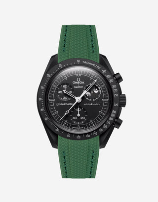 Black Omega X Swatch MoonSwatch Mission to The Moonphase - New Moon with a green vertech rubber watch strap and a with detailed face on a white background
