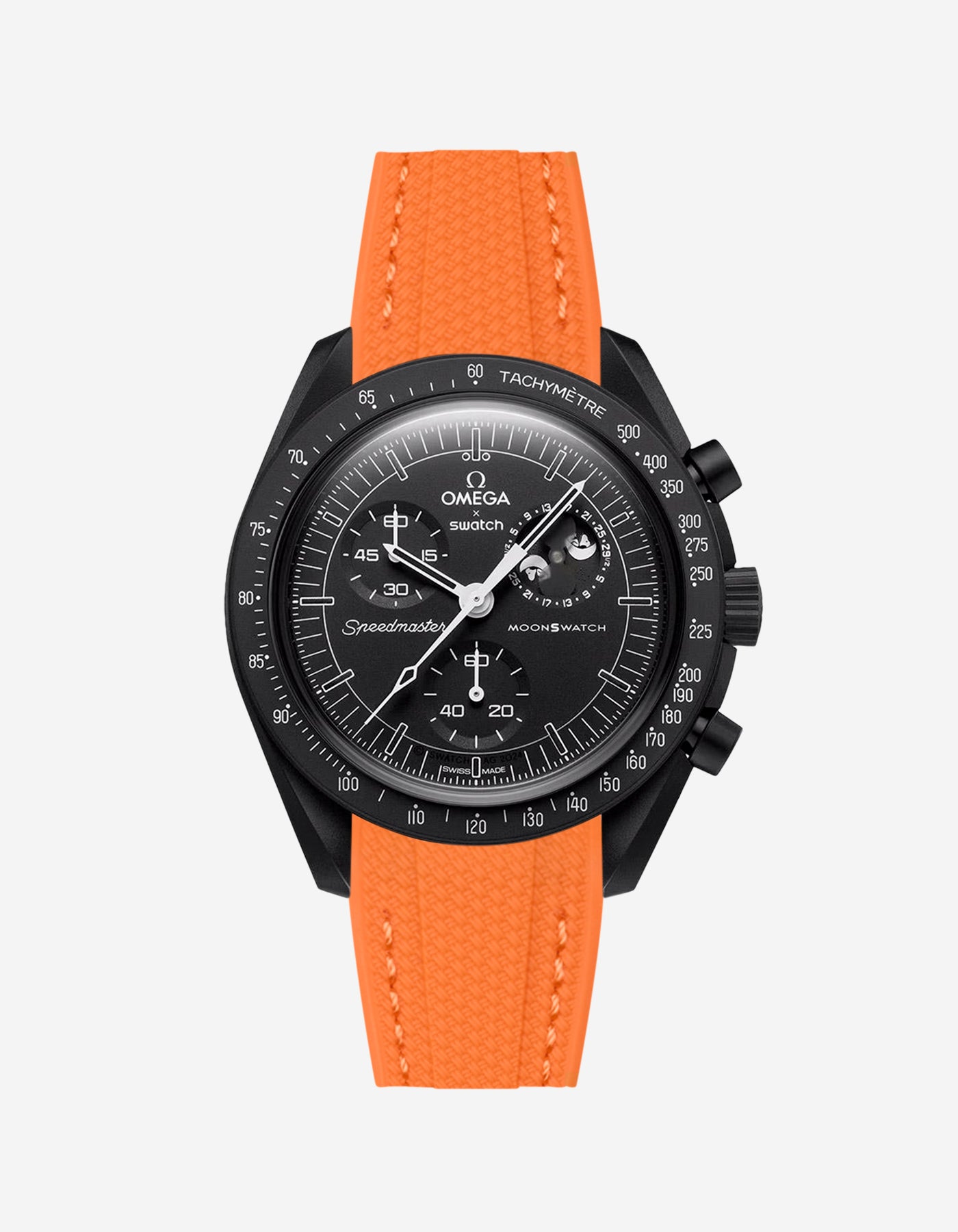 Black Omega X Swatch MoonSwatch Mission to The Moonphase - New Moon with a orange vertech rubber watch strap and a with detailed face on a white background