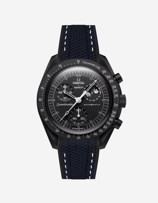 Black Omega X Swatch MoonSwatch Mission to The Moonphase - New Moon with a black vertech rubber watch strap and a with detailed face on a white background