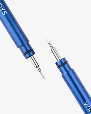 Close-up of a blue spring bar tool representing the Tools category, guiding users to explore watch tools and accessories.