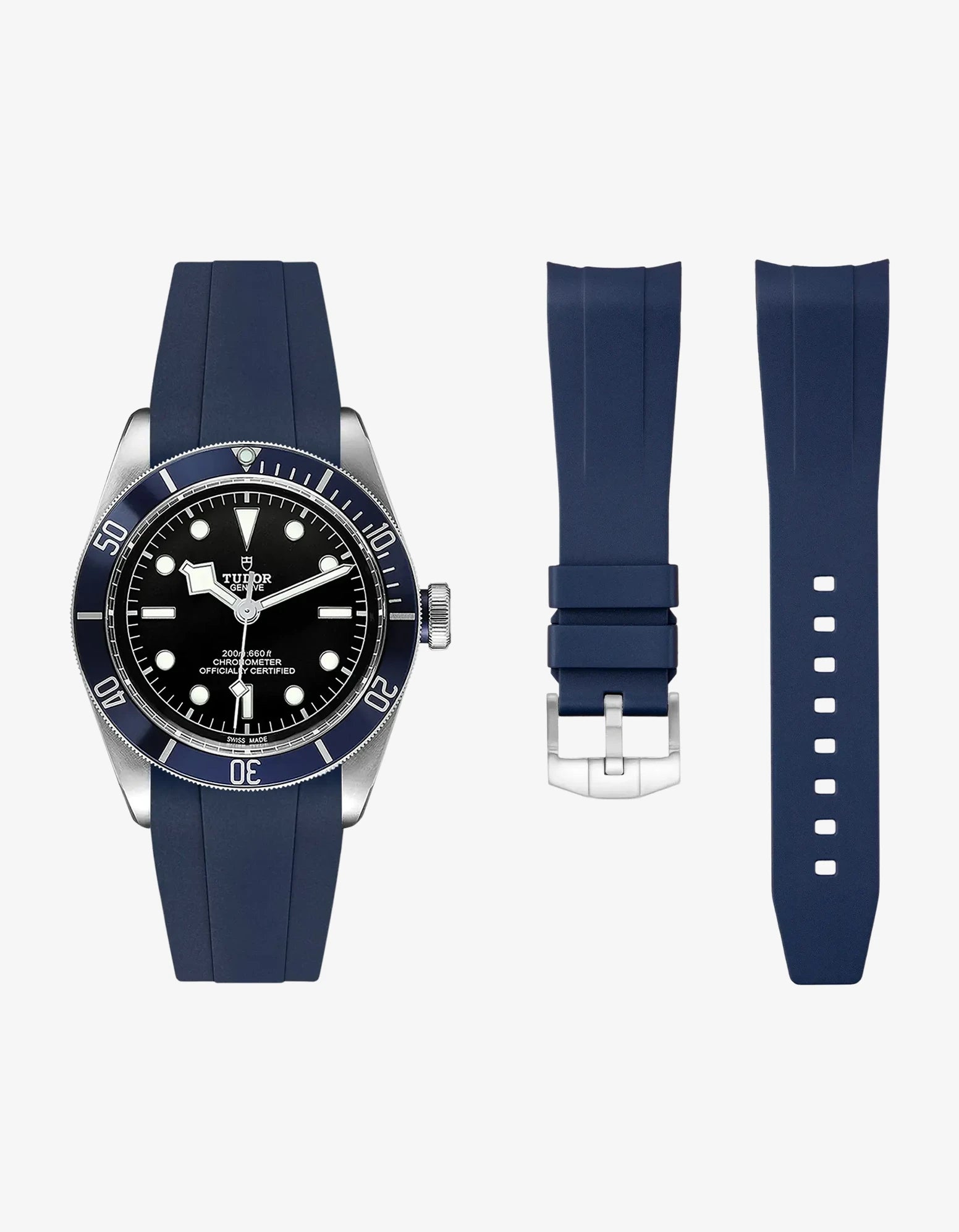 navy blue FKM tudor rubber watch strap with premium steel buckle on a light gray background with a Tudor BB41 watch in steel onthe side