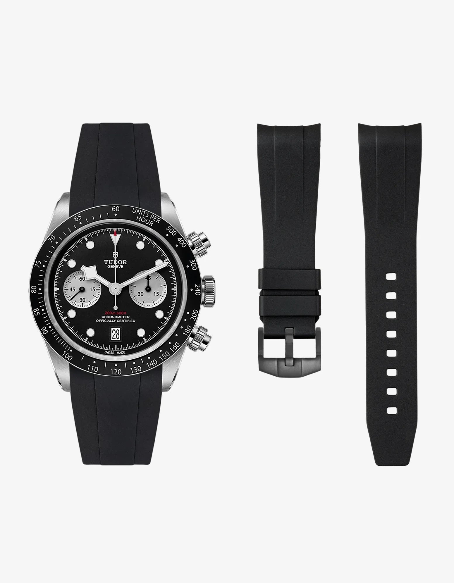 Black FKM tudor rubber watch strap with premium steel buckle on a light gray background and the tudor Chrono with black dial on the side