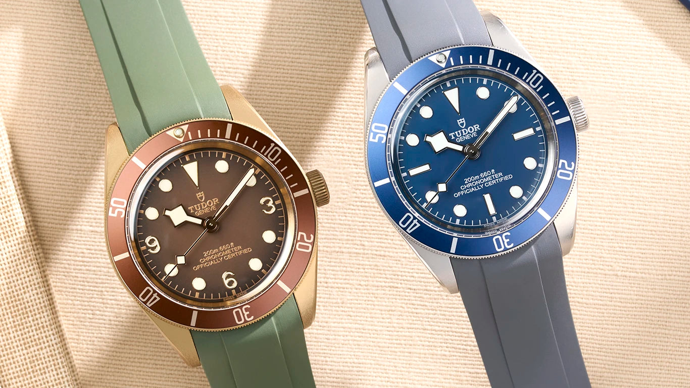 Image for the category page for our bb58 rubber bands. The image shows two different Tudor black bay 58 watches with our bands in grey and green