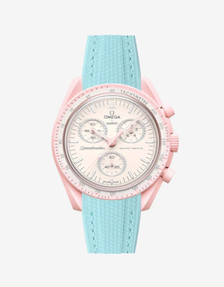 Turquoise rubber watch strap for the Omega x Swatch MoonSwatch Mission to Venus, shown fitted on the watch