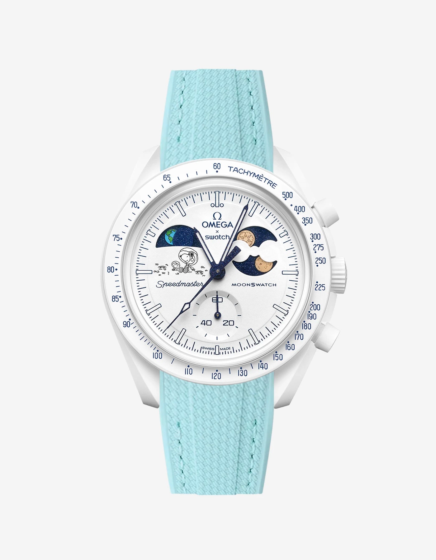 Turquoise Rubber Strap on Omega x Swatch MoonSwatch Mission To Earthphase - Moonshine Gold Cold Moon