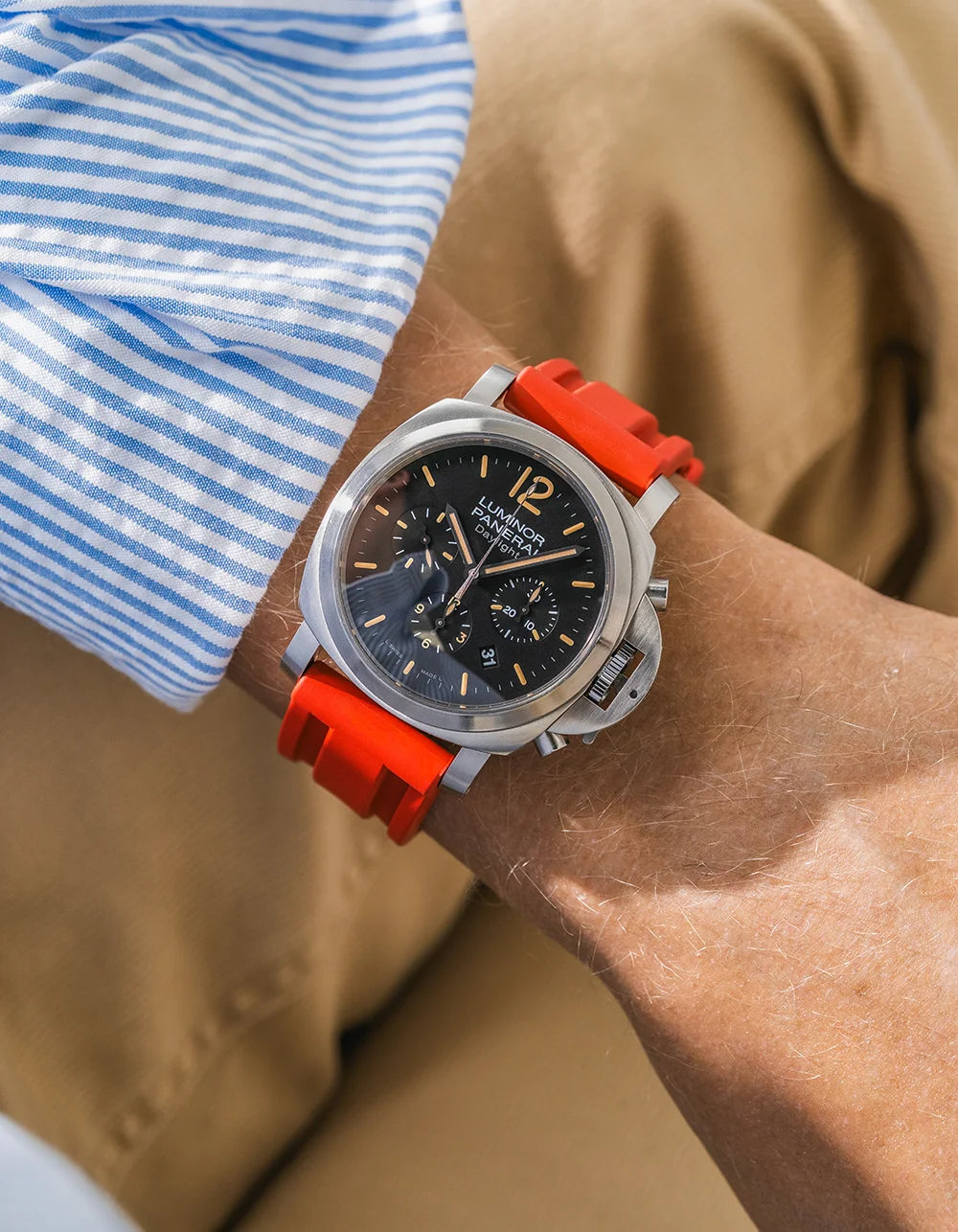 Red Universal FKM Rubber Strap wrist shot on Panerai Luminor Daylight