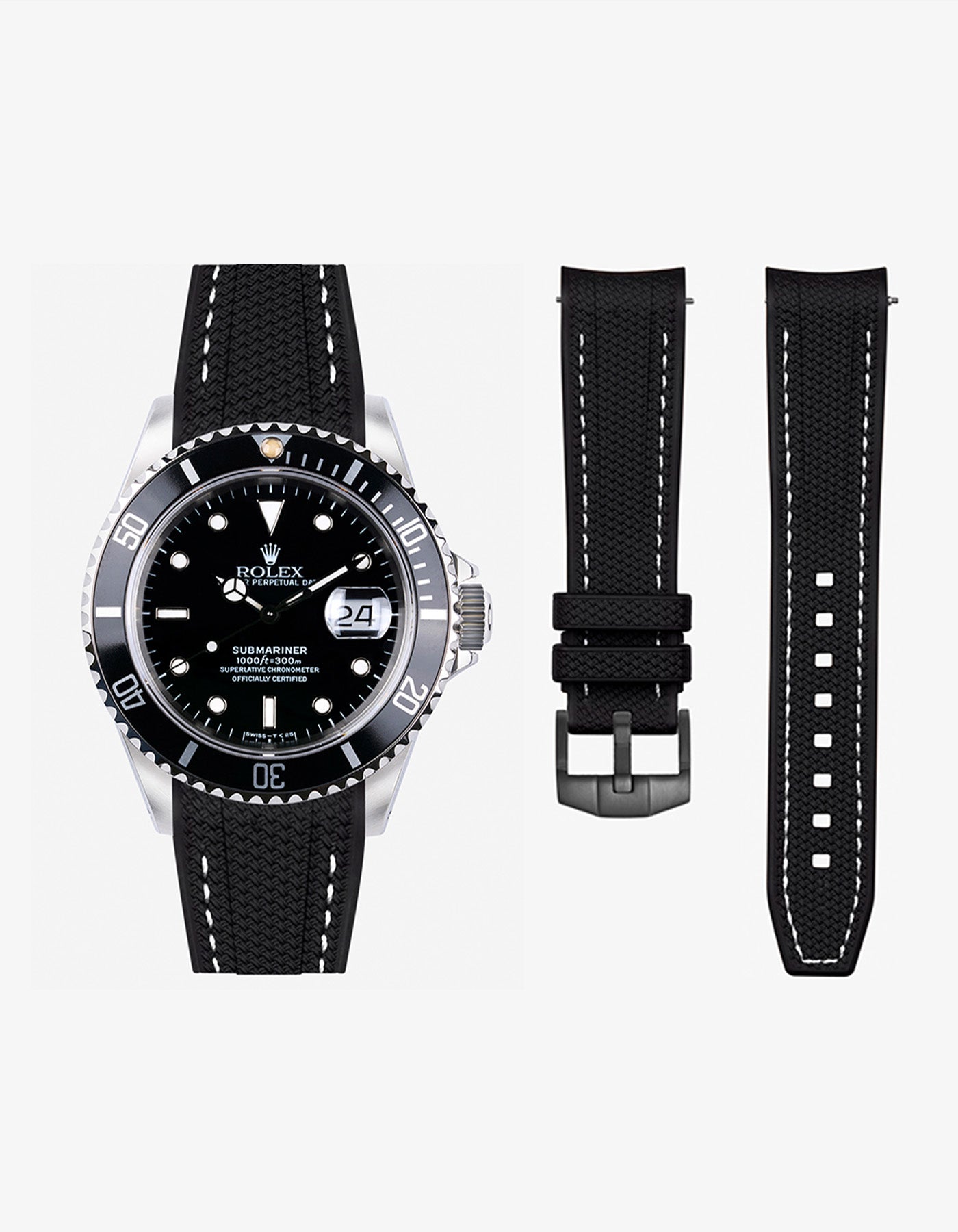 Rolex watch with black dial and rubber vertech strap on a white background togheter