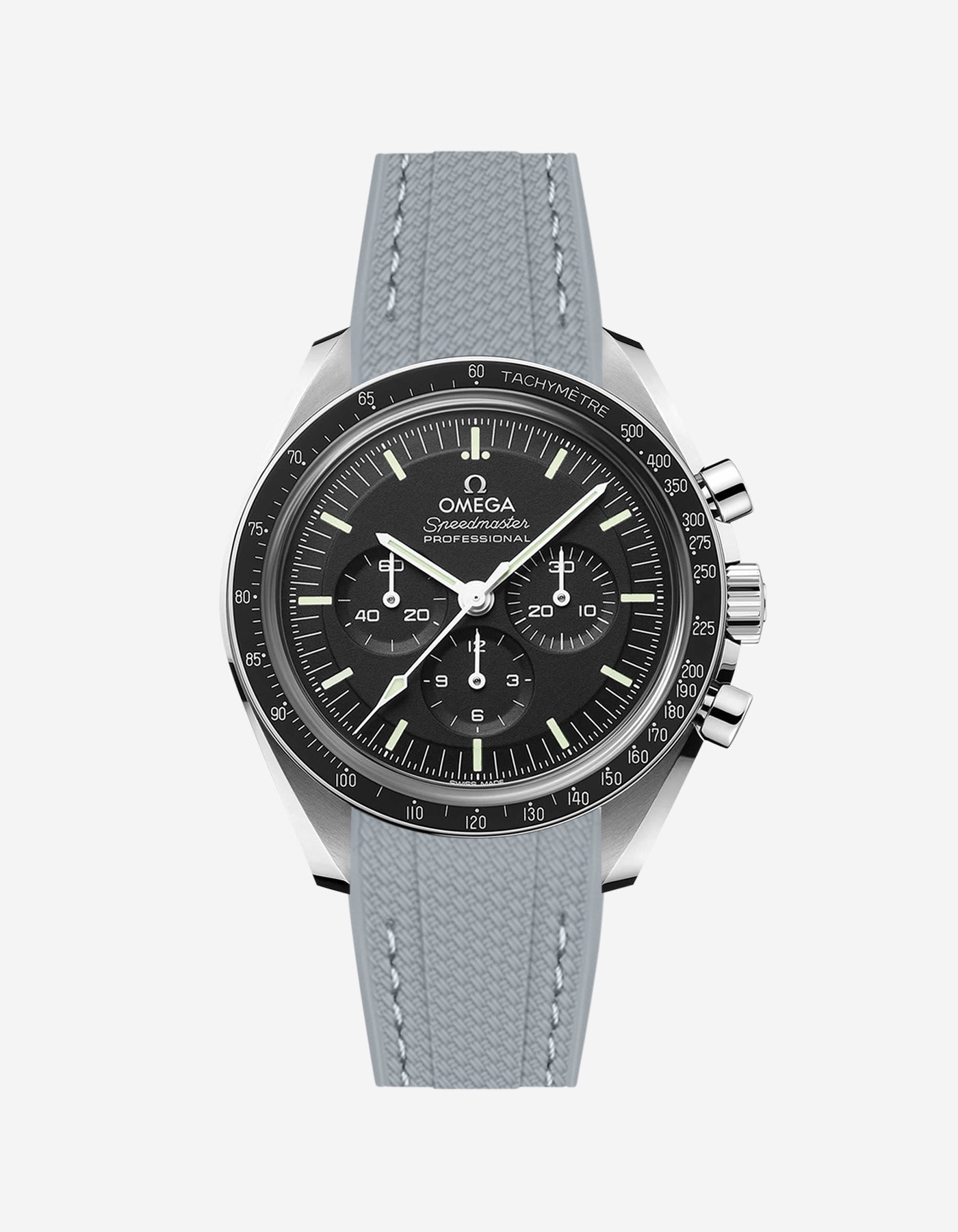 Black Omega Speedmaster watch with a dark grey vertech rubber watch strap from Wristbudyss and a detailed face on a white background