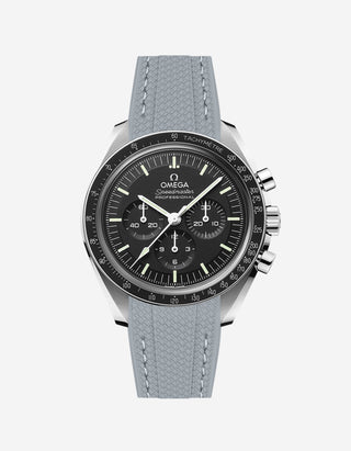 Black Omega Speedmaster watch with a dark grey vertech rubber watch strap from Wristbudyss and a detailed face on a white background
