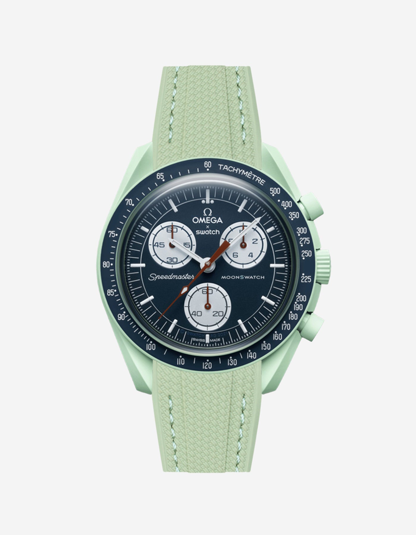 Omega X Swatch Mission on Earth watch with a mint green vertech rubber watch strap and detailed face on a white background