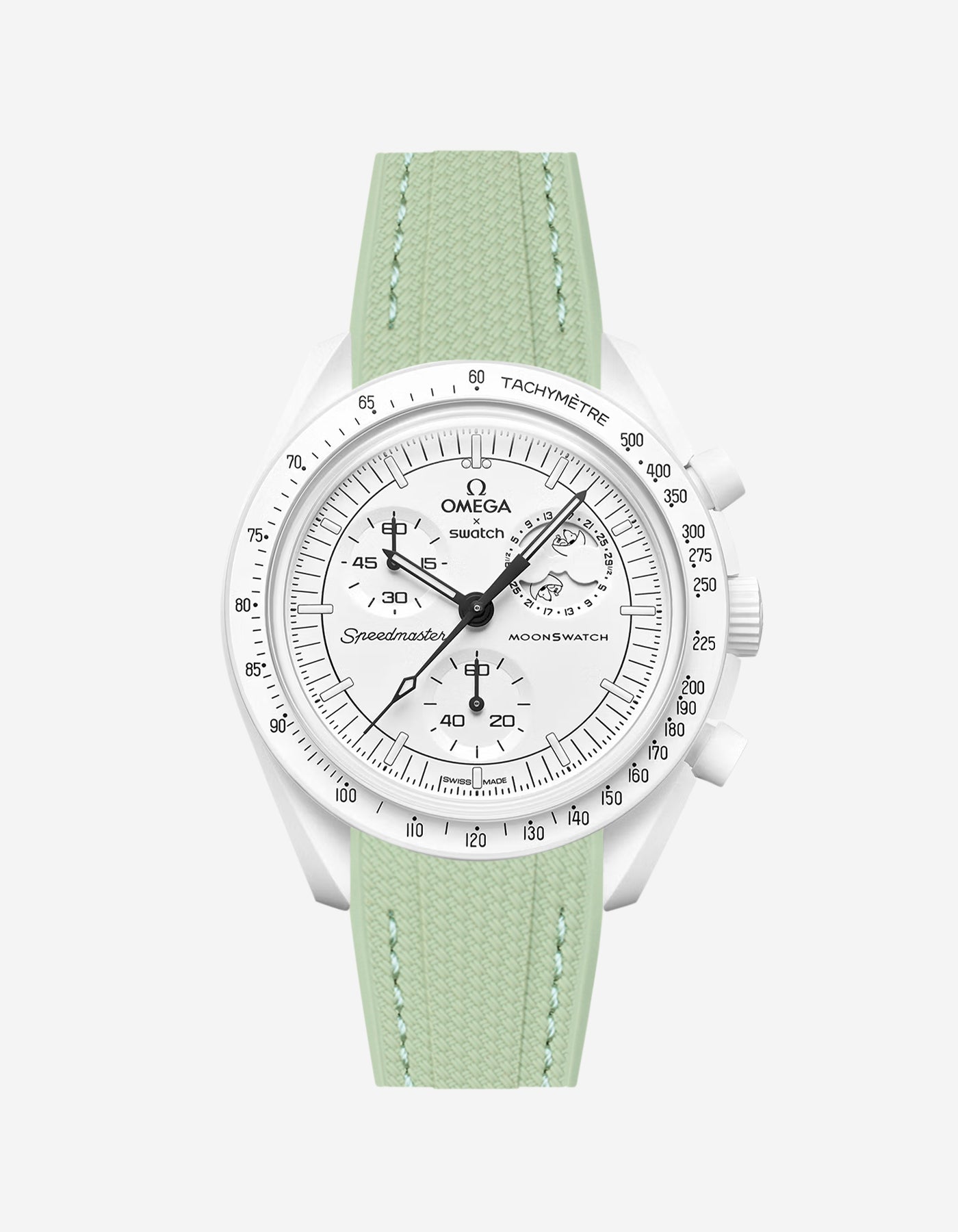 Omega X Swatch MoonSwatch Mission to the MoonPhase on a mint green vertech rubber watch strap with a white background showcasing both the watch and the watch strap from Wristbuddys