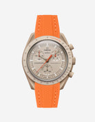 Omega X Swatch MoonSwatch watch with orange strap on a white background