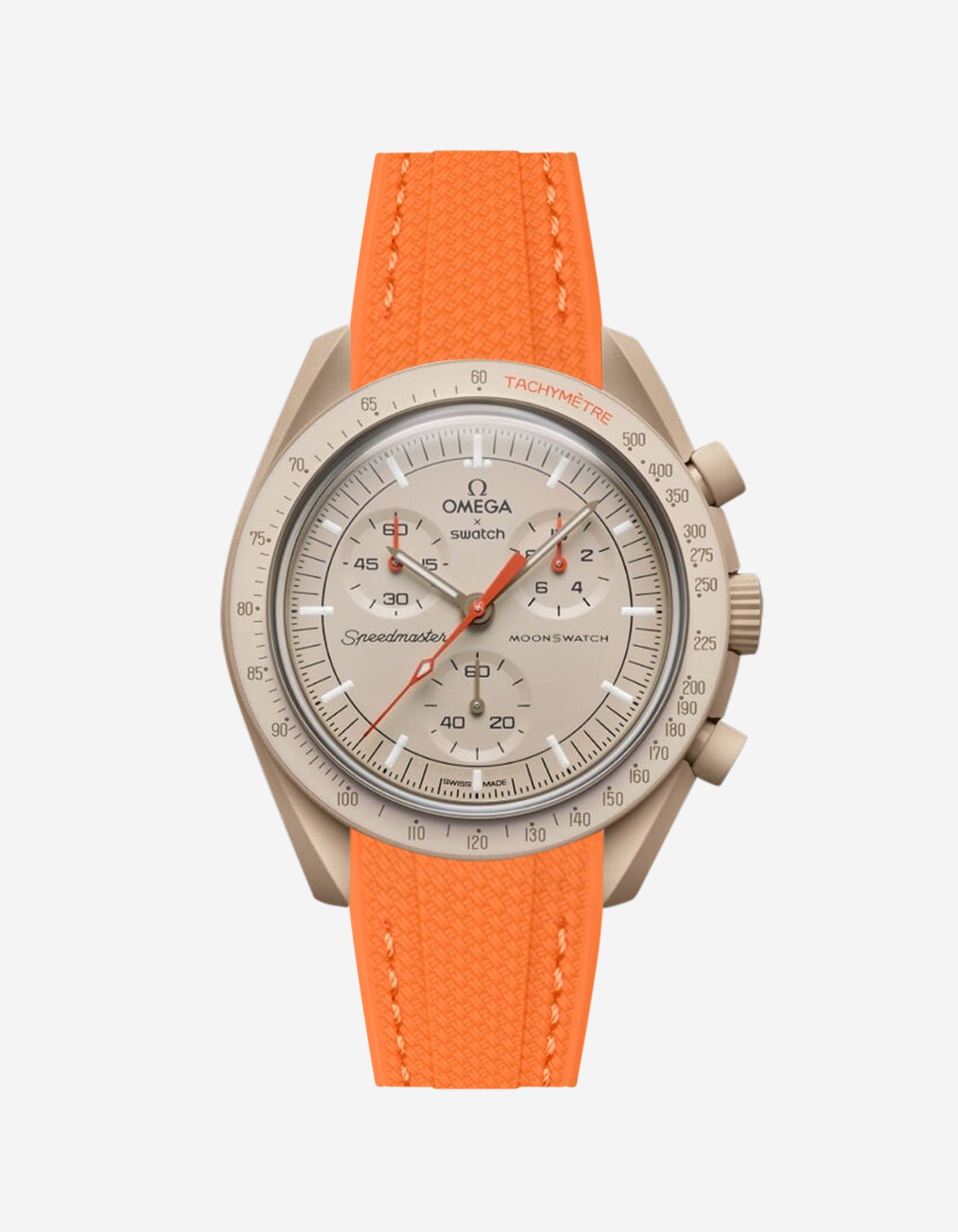 Omega X Swatch MoonSwatch watch with orange strap on a white background