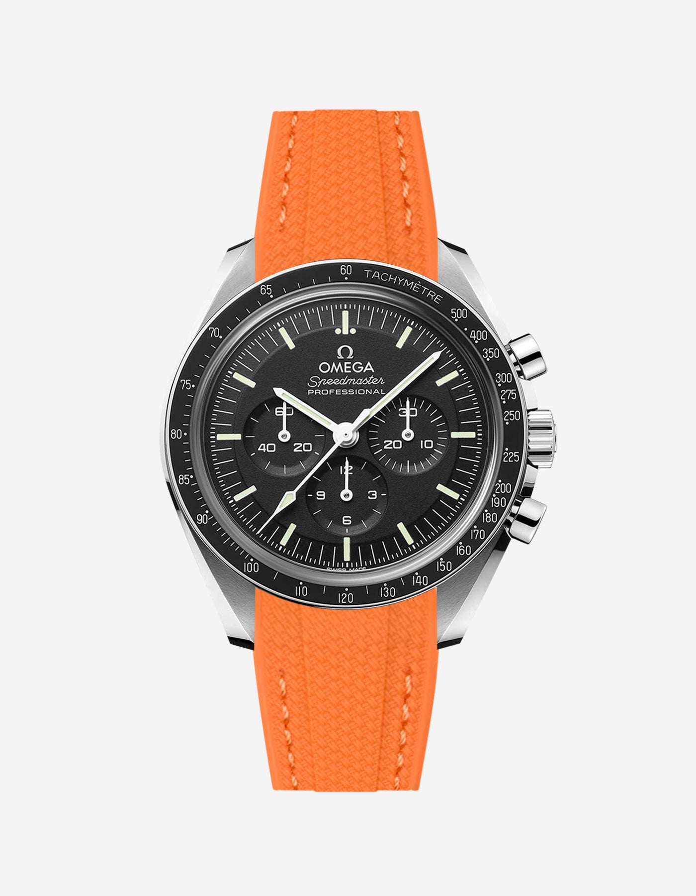 Black Omega Speedmaster watch with a orange vertech rubber watch strap from Wristbudyss and a detailed face on a white background