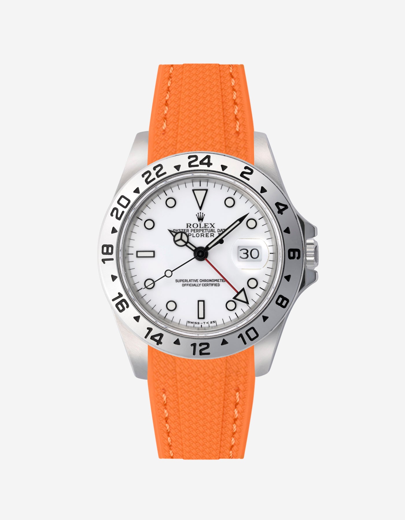 Rolex Explorer 16570 watch with white dial and on a orange vertech rubber watch strap with gray background