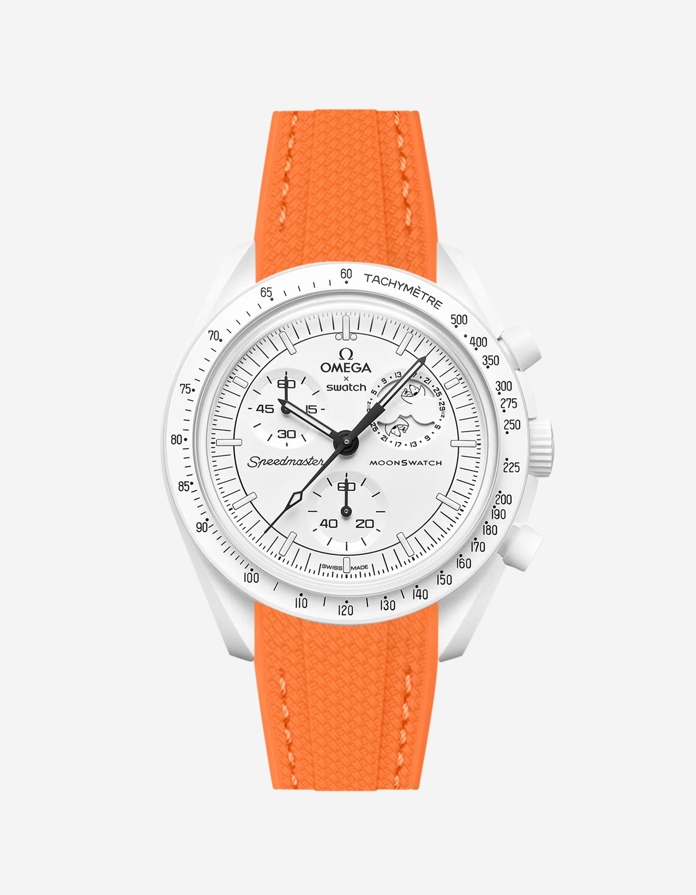 Omega X Swatch MoonSwatch Mission to the MoonPhase on a orange vertech rubber watch strap with a white background showcasing both the watch and the watch strap from Wristbuddys