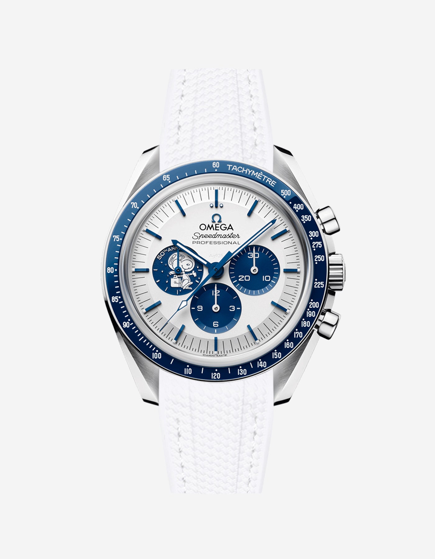 Omega Speedmaster Snoopy watch with 
white vertech rubber watch strap and face on a white background