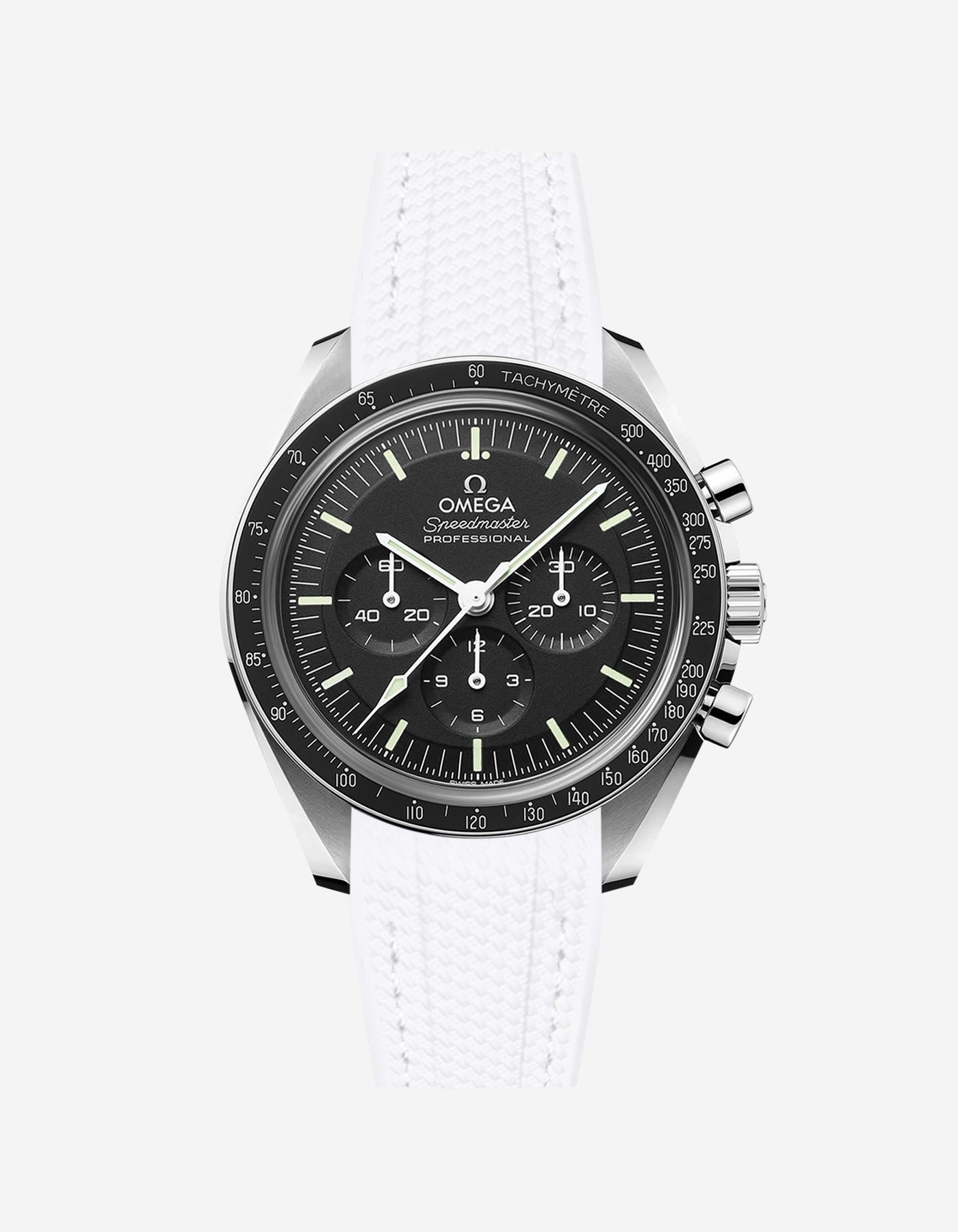Black Omega Speedmaster watch with a white vertech rubber watch strap from Wristbudyss and a detailed face on a white background