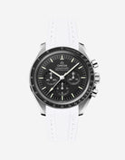 Black Omega Speedmaster watch with a white vertech rubber watch strap from Wristbudyss and a detailed face on a white background