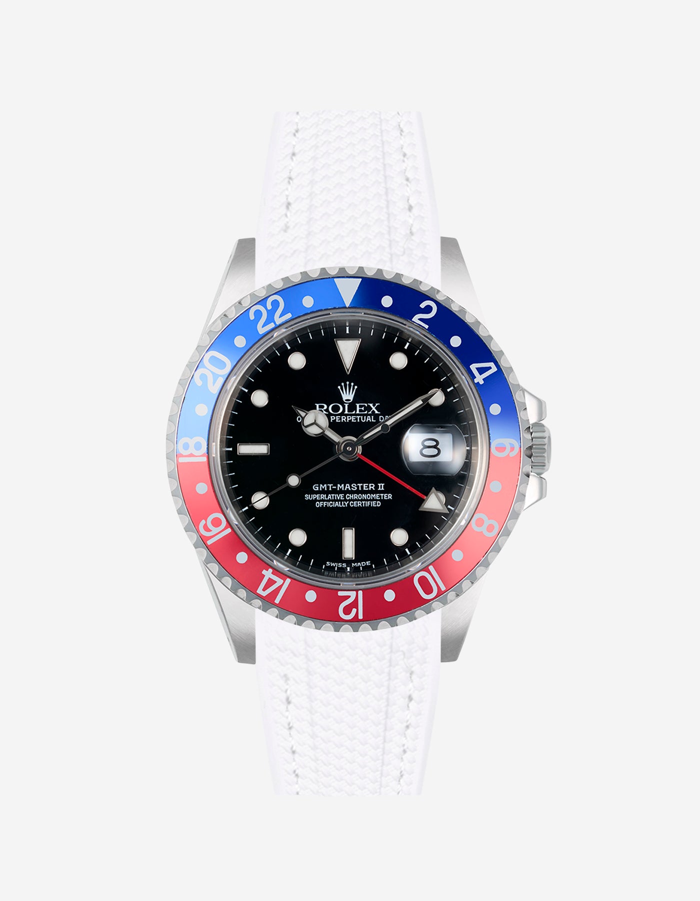 Rolex Pepsi steel watch with white vertech rubber watch strap and colorful bezel on a white background