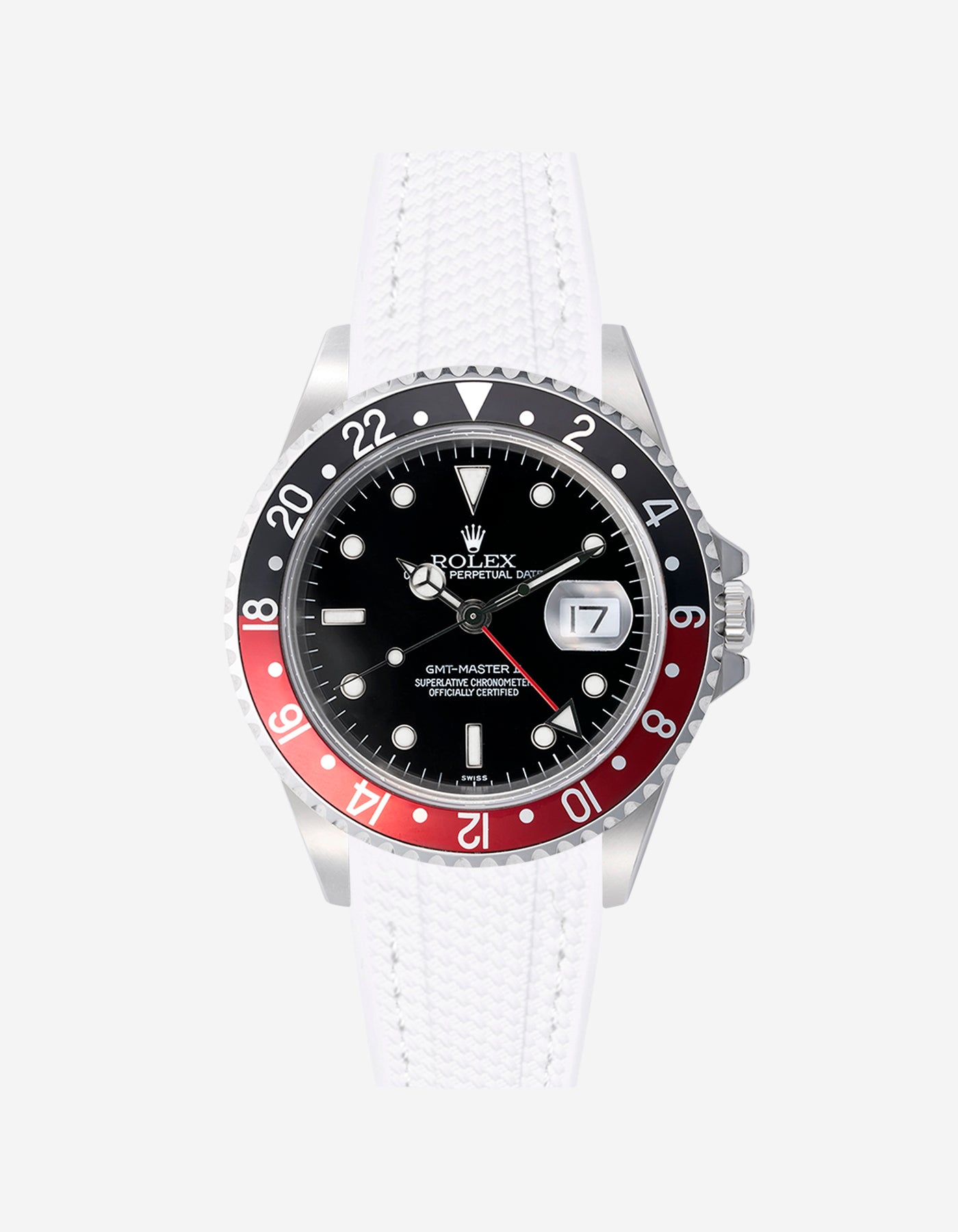 Rolex GMT Master 2 watch with white and white stitches rubber vertech strap and black dial on a white background