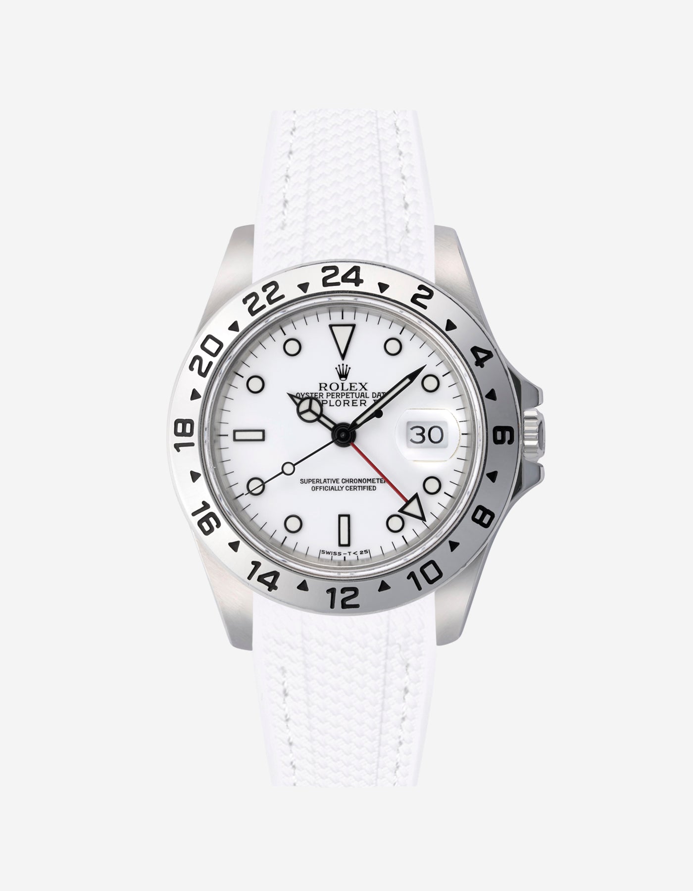 Rolex Explorer 16570 watch with white dial and on a white vertech rubber watch strap with gray background